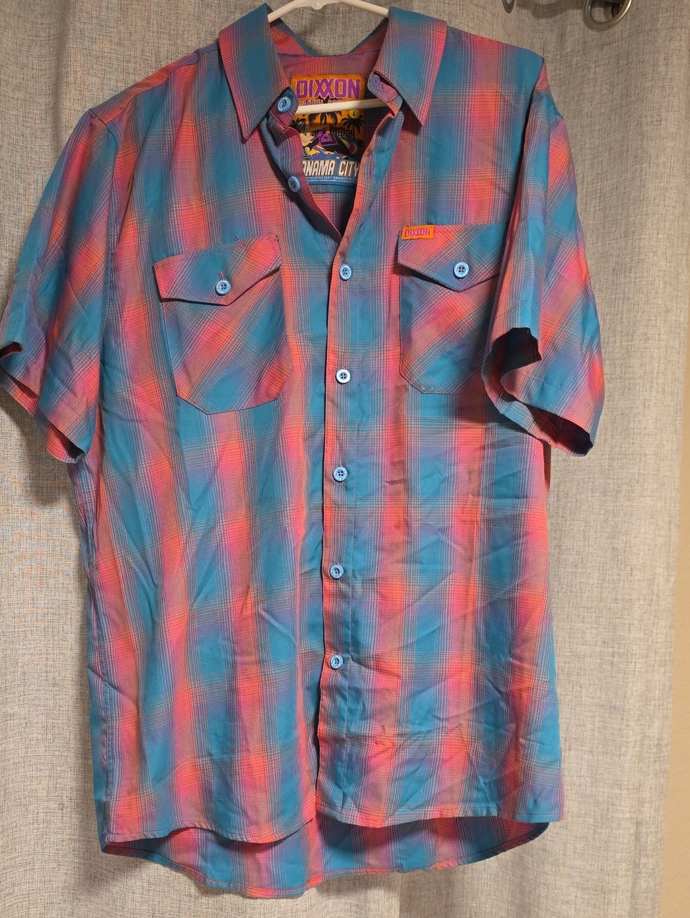 DIXXON Short-Sleeve Plaid Button-Down Shirt - Turquoise & Coral